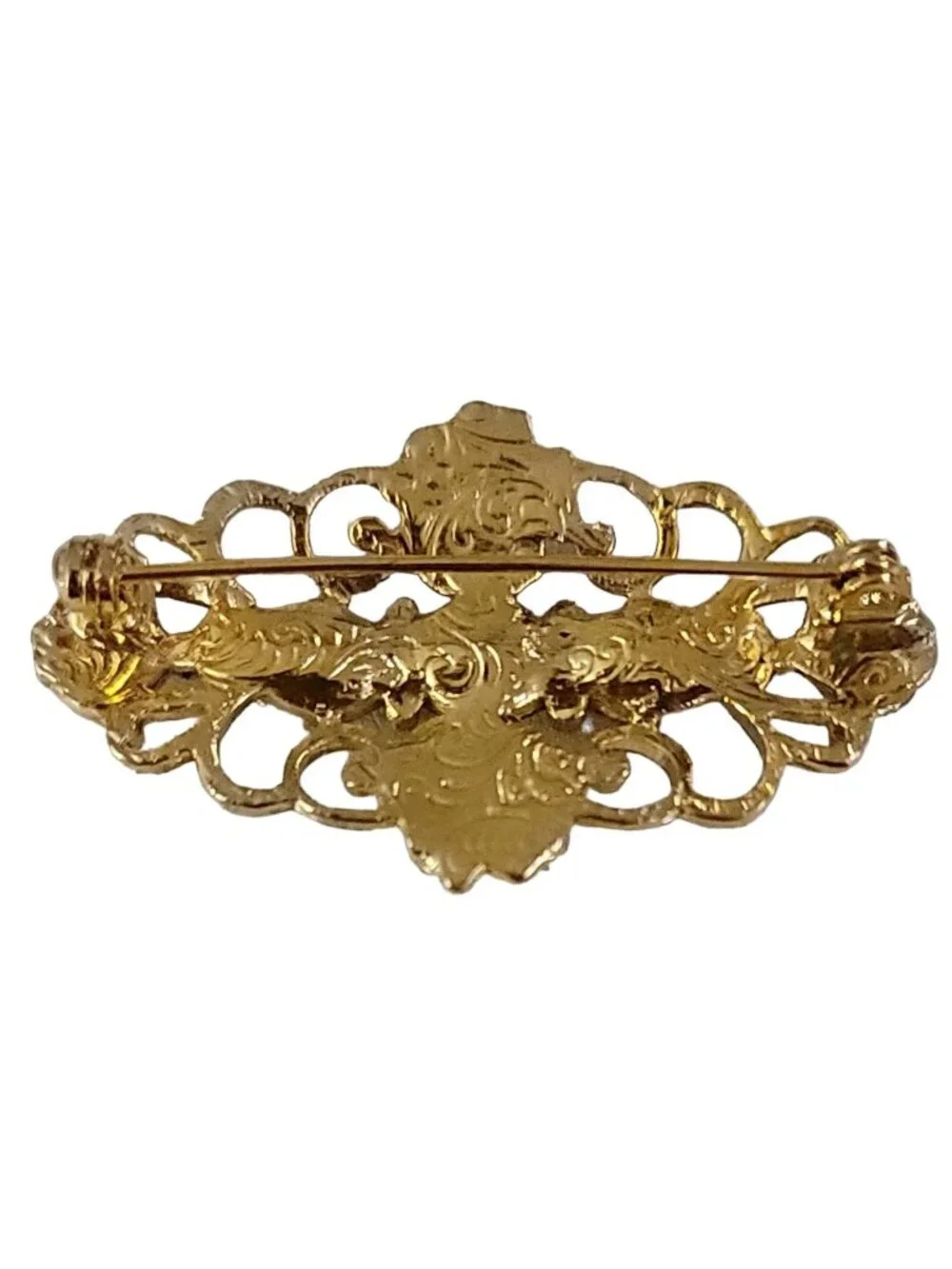 1928 Brand Gold Tone Victorian Style Glass Rhinestone Flower Brooch Pin K530